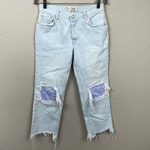 We The Free Maggie Chewed Hem Ankle Jeans Busted Knees Ditsy Floral Patch 26